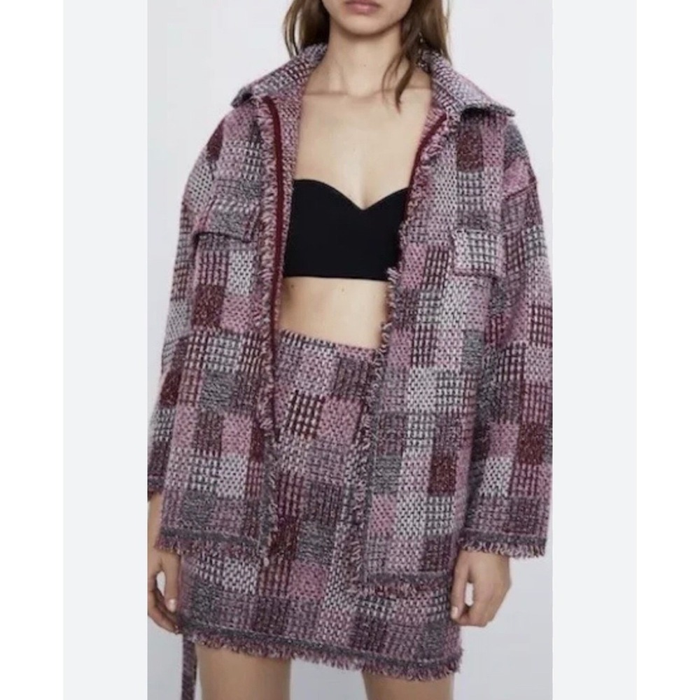 Zara Pink Metallic Tweed Plaid Fringe Belted Shirt Jacket Size M NWT - Picture 4 of 13